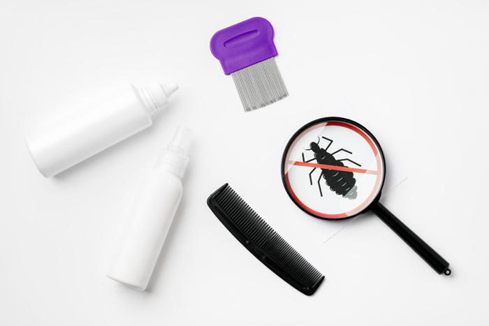 Produits anti-poux avec peignes et loupe pour vérifier la présence de poux