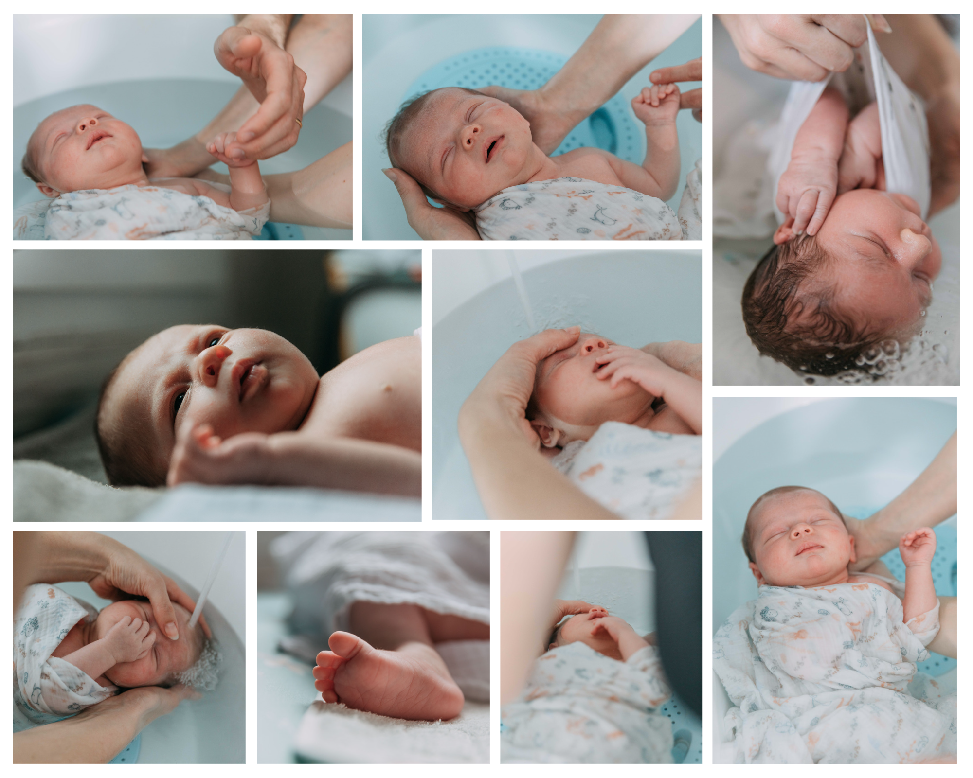 Bébé profitant d'un bain thalasso, photographié par Anaïs Borrachero, montrant des moments de calme et de tendresse.