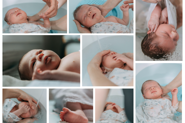 Bébé profitant d'un bain thalasso, photographié par Anaïs Borrachero, montrant des moments de calme et de tendresse.